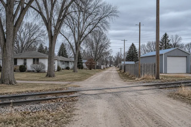 Established Minnesota town street with mature trees, mid-century homes and a rail crossing