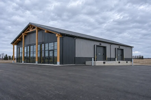 Long commercial post-frame building with storefront glazing and dock-height overhead doors on the edge of a prairie town