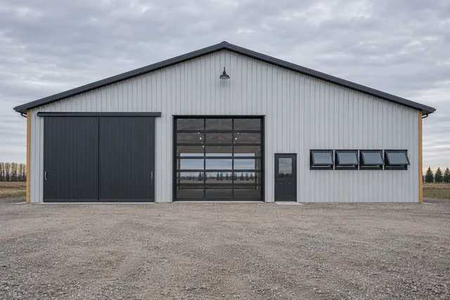 Gable end showing a sliding door, glazed overhead door, walk door and awning windows in dark frames
