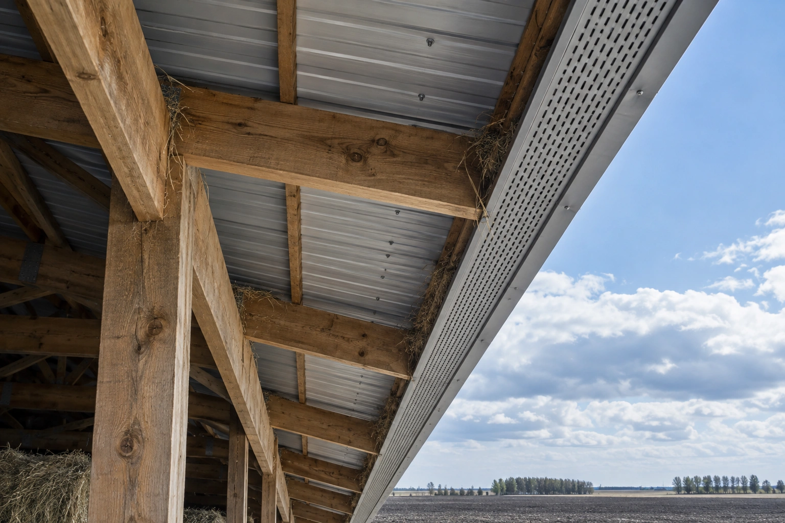 Open eave of a hay shed with vented soffit and loose hay caught in the framing