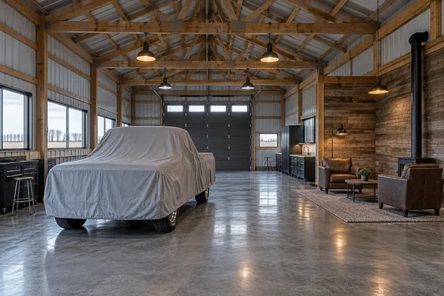 Finished hobby shop interior with a covered classic car, lounge seating, wood feature wall and exposed timber trusses