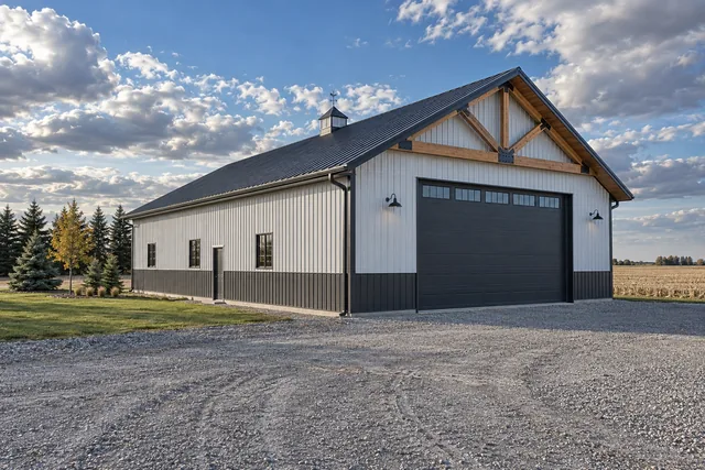 Large finished post-frame building on a flat North Dakota farmstead in late afternoon light with a shelterbelt behind