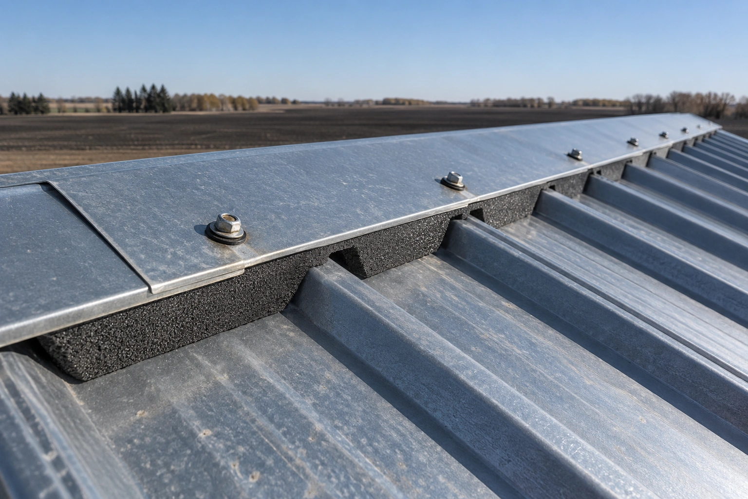 Large ribbed steel roof with snow guards in staggered rows above the eave under low winter sun