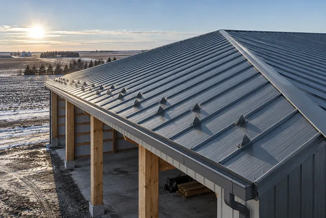 Large ribbed steel roof with snow guards in staggered rows above the eave under low winter sun