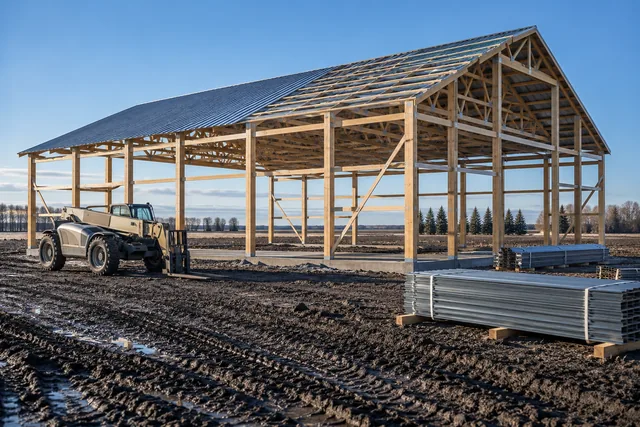 Post-frame building shell mid-construction with columns braced, trusses set and roof steel going on