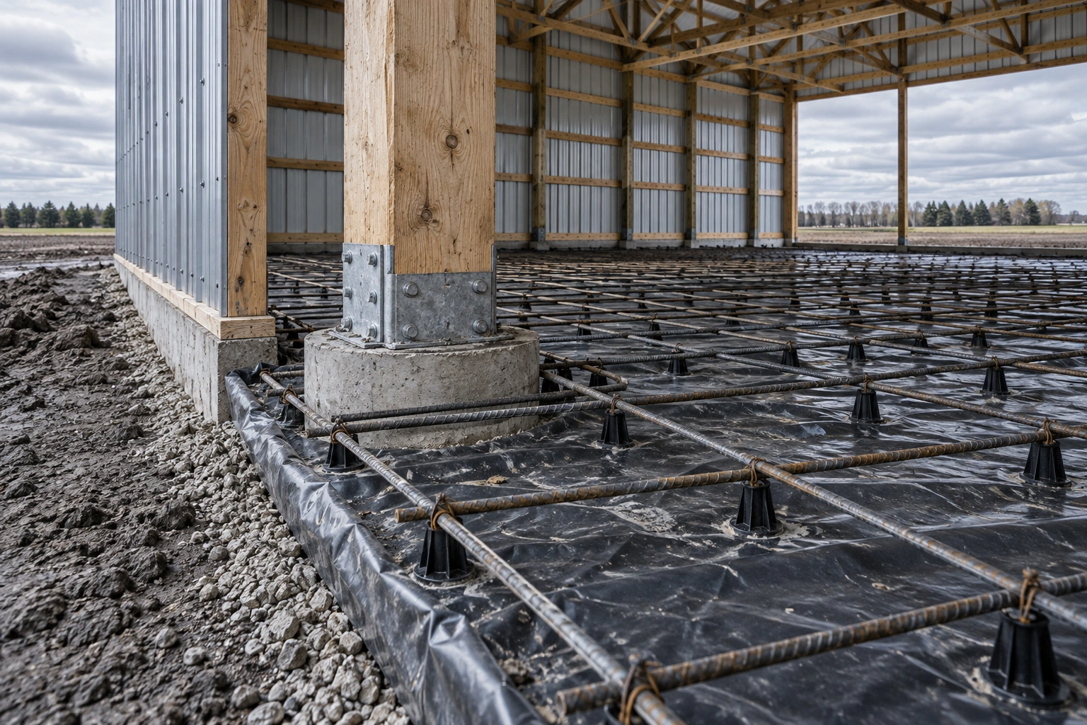 Rebar grid on chairs over a vapour barrier and compacted fill before a slab pour