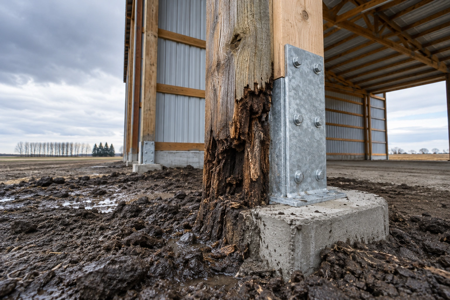 Older pole barn with a sagging ridge line, faded chalked steel panels and rust weeping from fastener heads