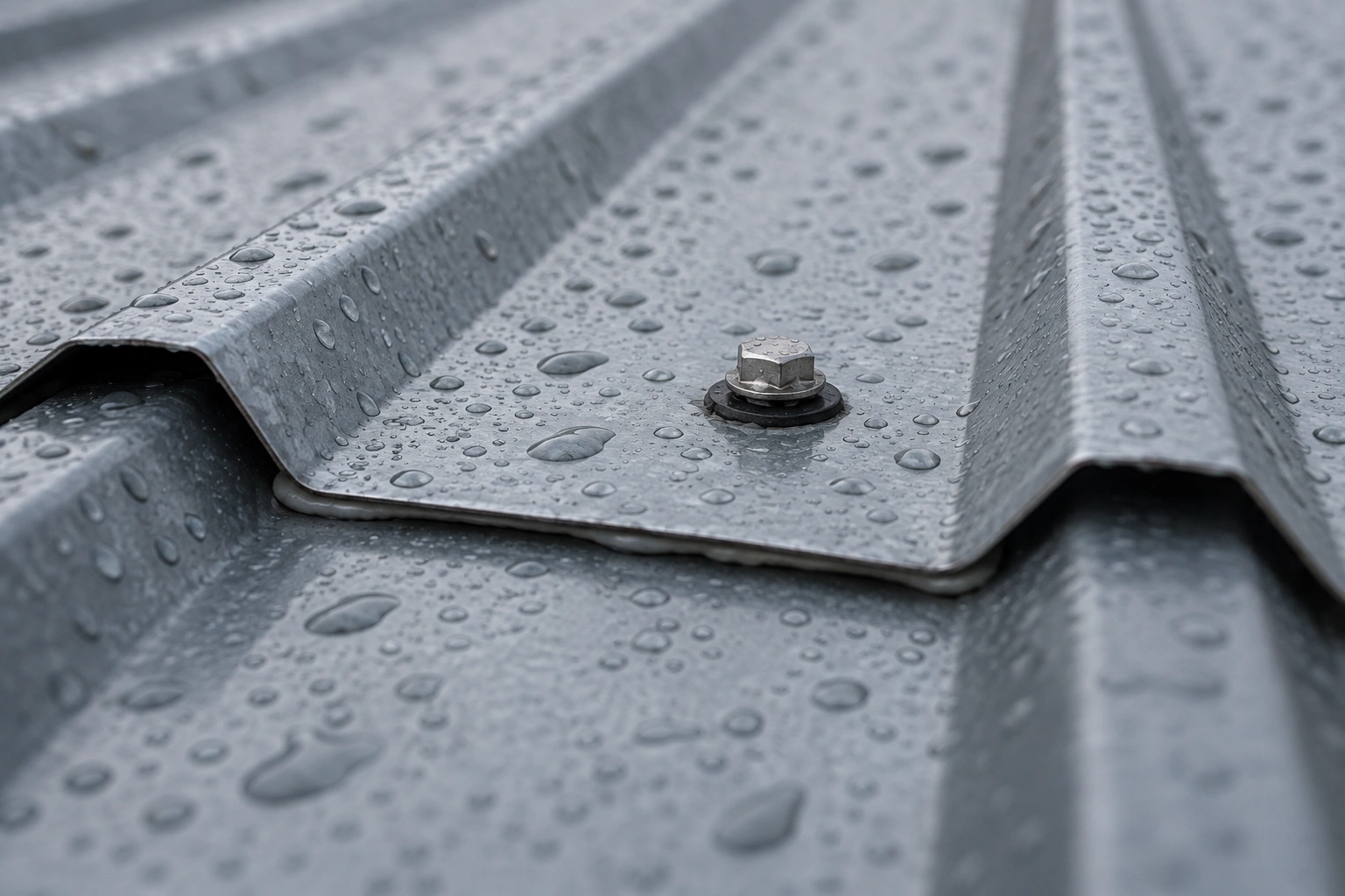 Steel roof panels part installed over purlins with neat fastener rows and the ridge still open