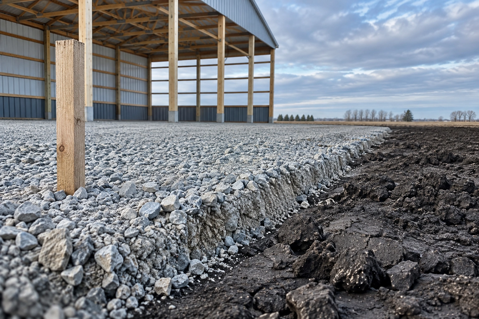 Edge of a compacted gravel pad meeting native soil, showing the granular layer depth