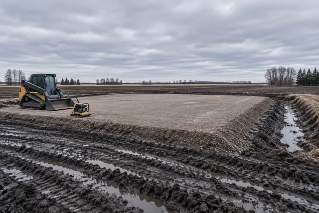 Compacted granular building pad raised above surrounding black clay with a drainage swale cut alongside