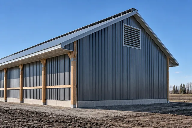 Gable end showing continuous vented soffit, a ridge vent running the roof length and a gable louvre