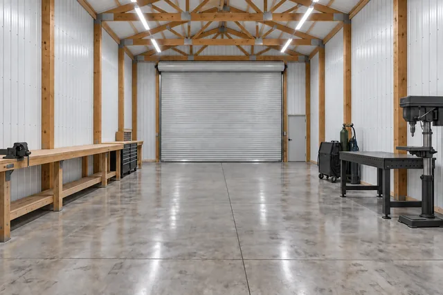 Finished insulated pole barn workshop interior with white liner panels, sealed concrete floor and workbenches