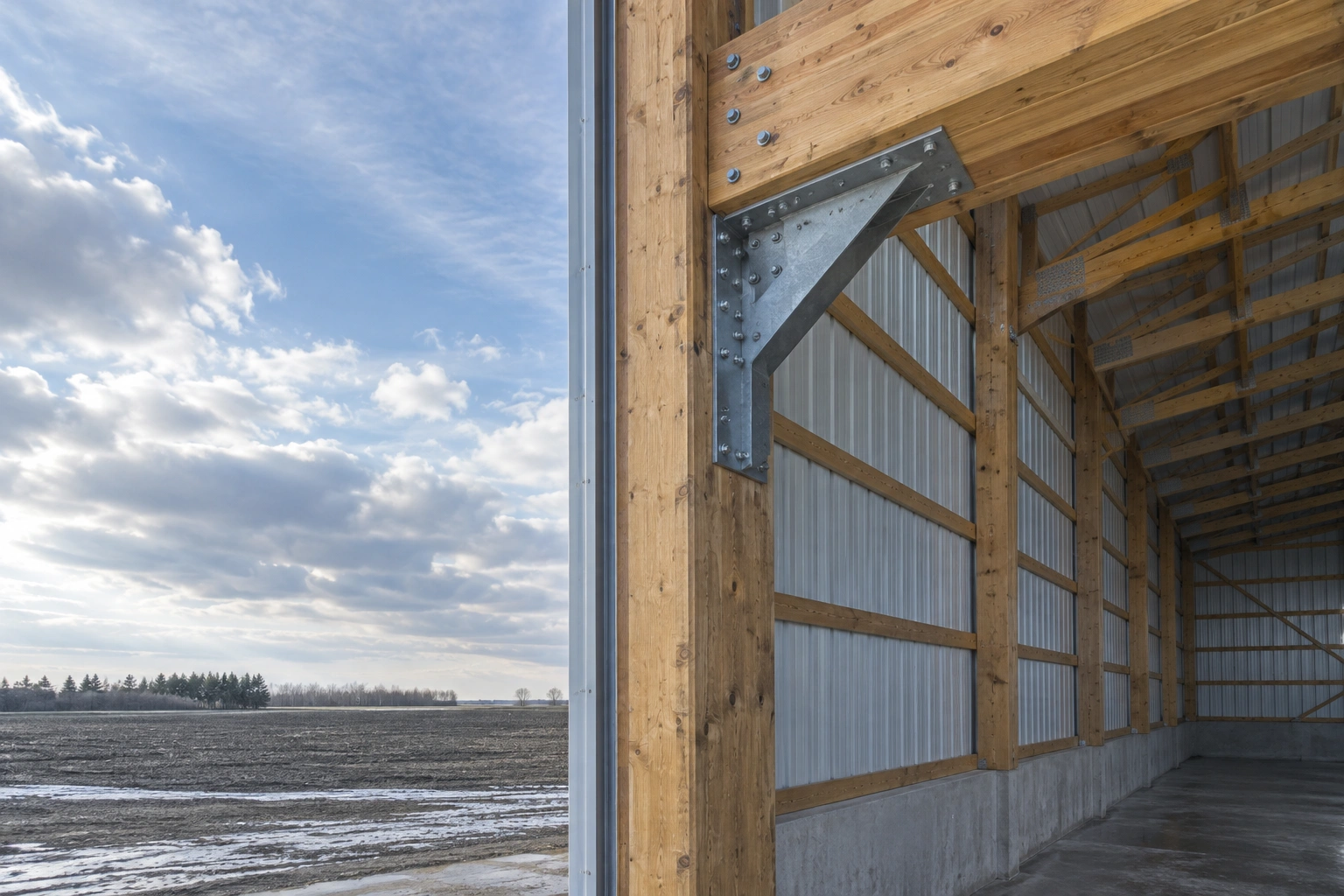 Tall RV storage pole barn with a high overhead door, motorhome inside and boat on a trailer on the apron
