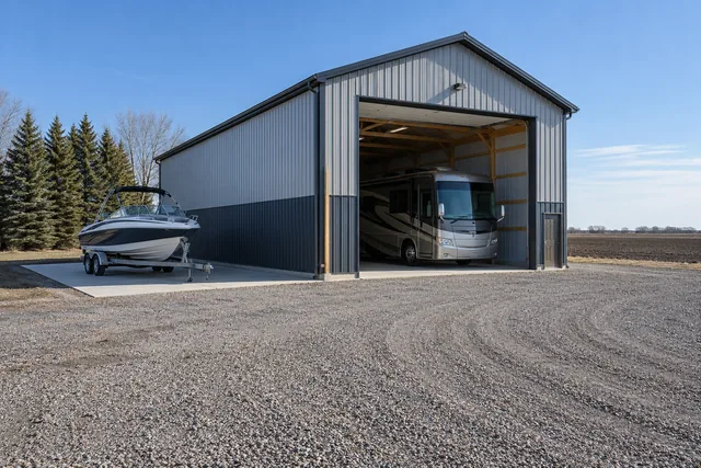Tall RV storage pole barn with a high overhead door, motorhome inside and boat on a trailer on the apron